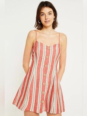 Urban Outfitters Women's Coral & Cream Striped Button-Front Mini Dress - Size S